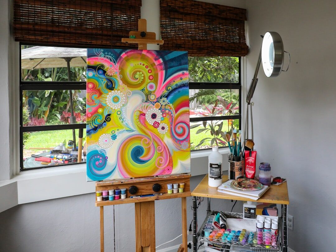 Art studio with drawing supplies and artwork